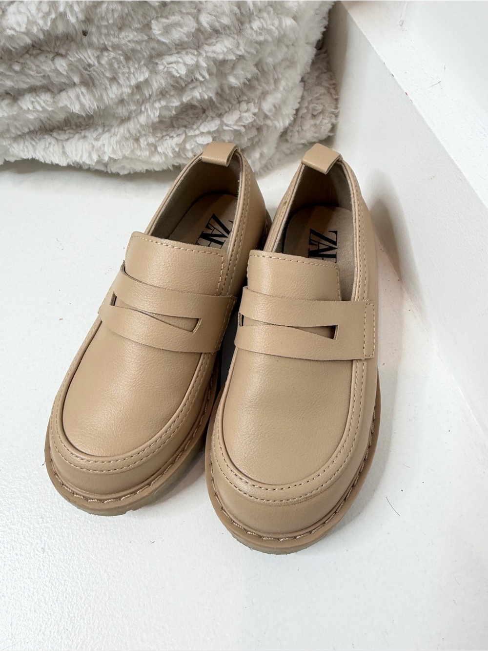 Zara Tan Leather Penny Loafers for kids